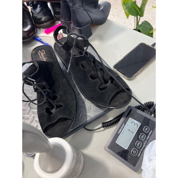 Skechers Parallel Lace-Up Sandal Womens 10 Peep Toe Black Suede Leather - Picture 10 of 10